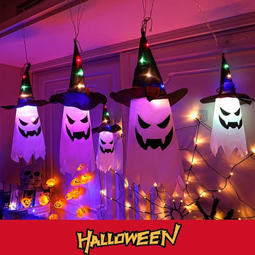 Halloween Decorations, 5-Pack LED Lantern String Lights, Wizard Hat Ghost Hanging Lights, Spooky Atmosphere Halloween Party Decorations for Indoor Porches or Patio Gardens (Ghost) VNP