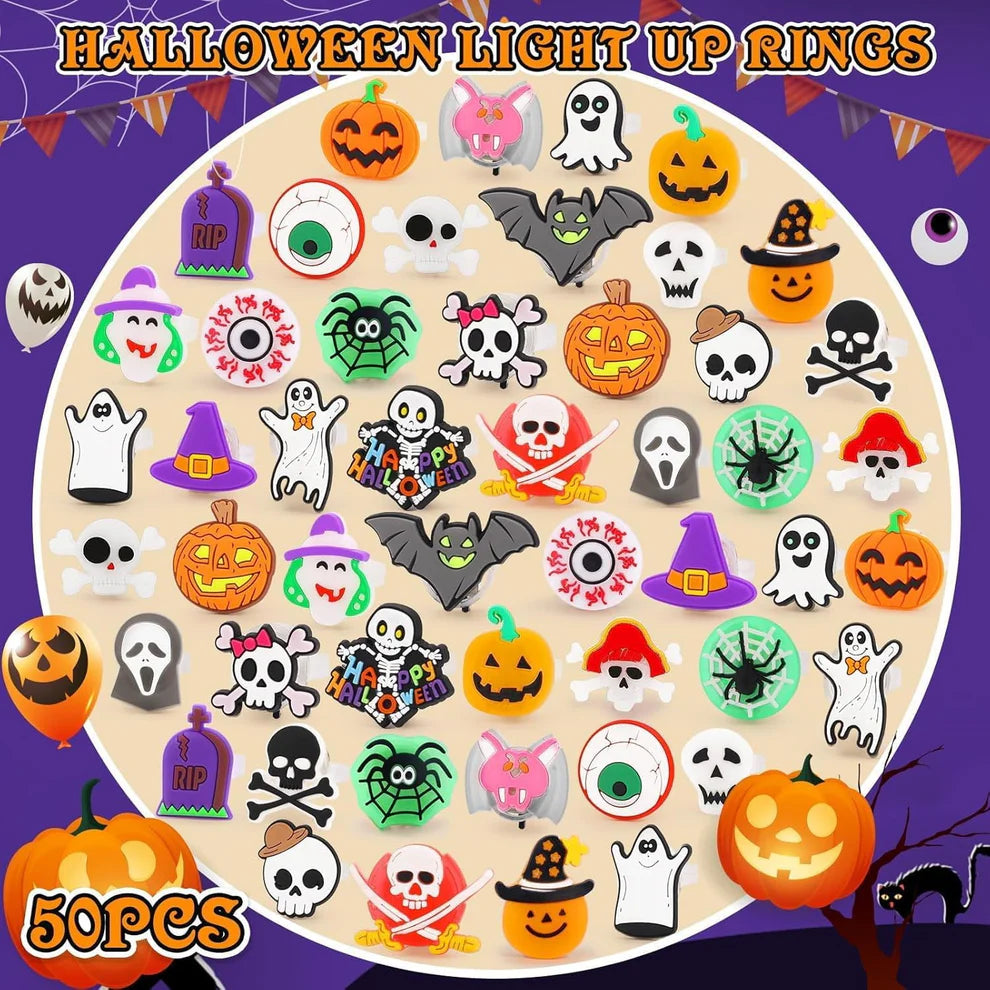 Halloween Treats 50Pcs LED Ring Light Up Rings Glow in The Dark Halloween Party Favors for Kid LED Flash Rings Non Candy Gift Bag Fillers VNP