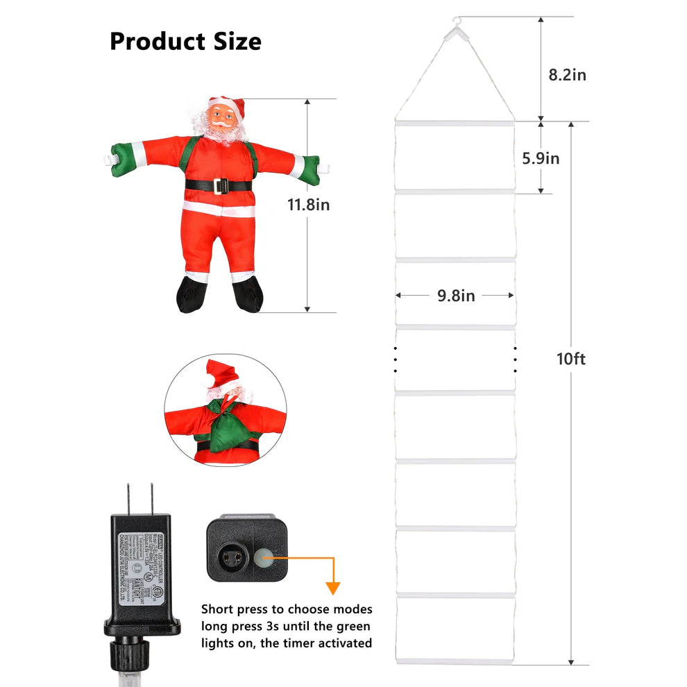 10FT LED Santa Claus Climbing Ladder Lights – USB Powered Christmas Outdoor &amp; Indoor Decoration (338 LEDs, 8 Modes) VNP