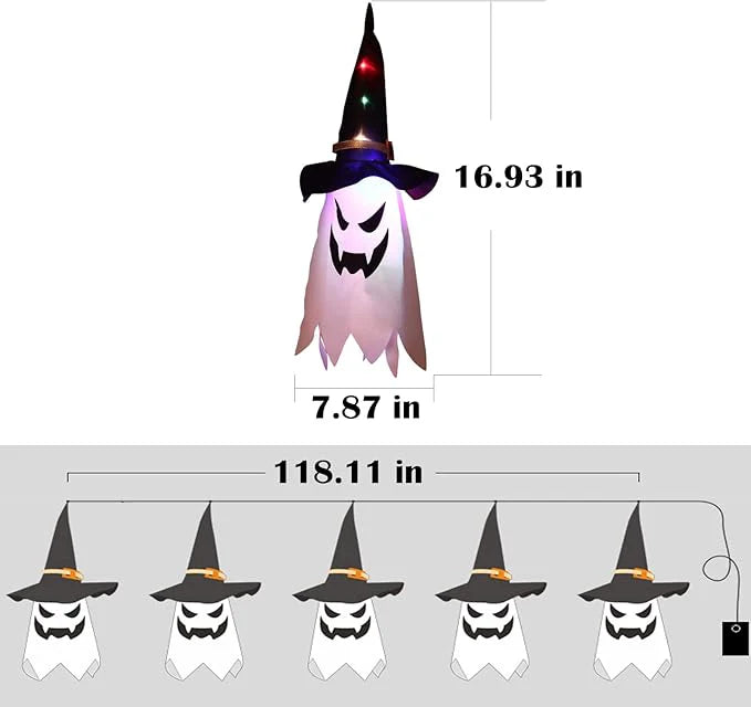Halloween Decorations, 5-Pack LED Lantern String Lights, Wizard Hat Ghost Hanging Lights, Spooky Atmosphere Halloween Party Decorations for Indoor Porches or Patio Gardens (Ghost) VNP