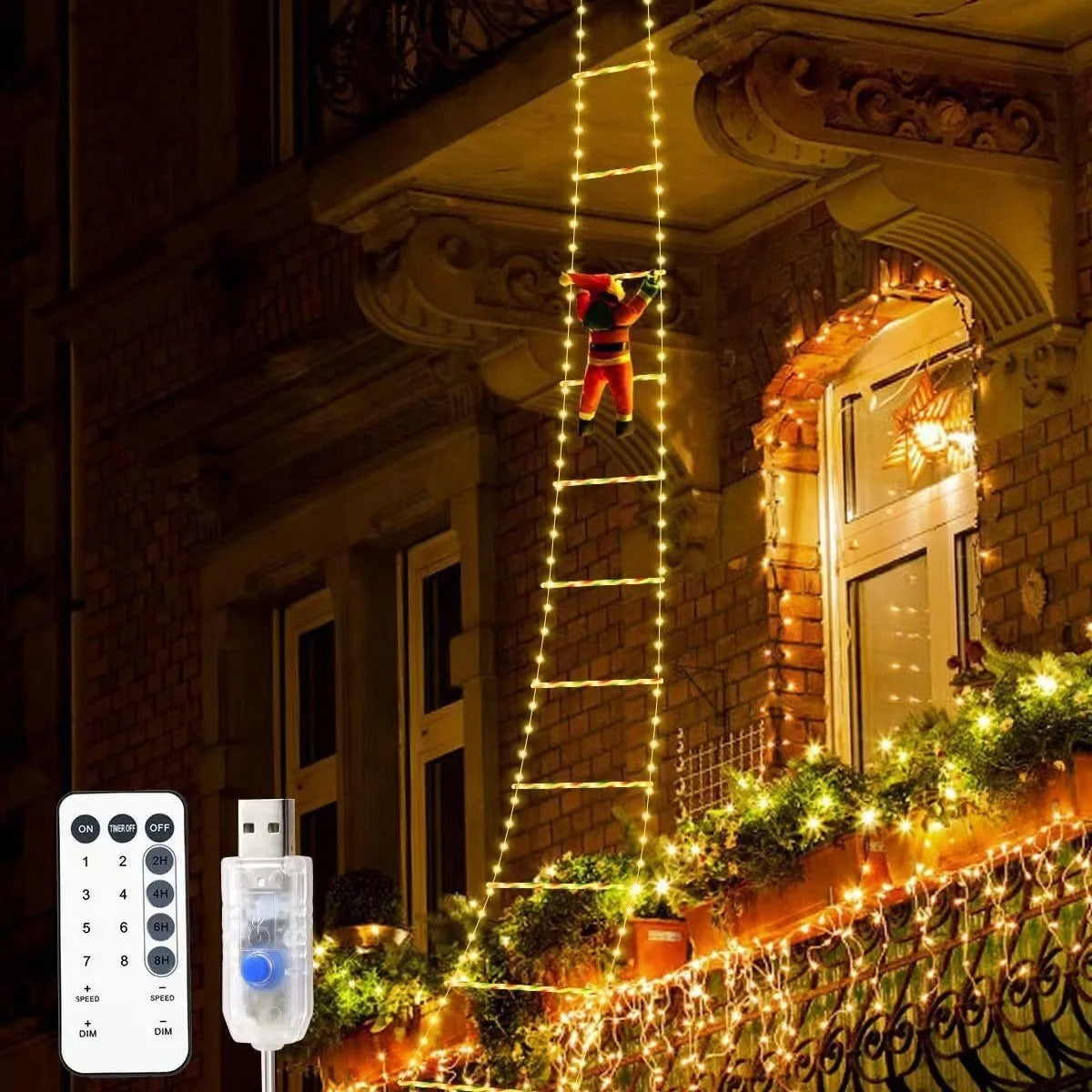 10FT LED Santa Claus Climbing Ladder Lights – USB Powered Christmas Outdoor &amp; Indoor Decoration (338 LEDs, 8 Modes) VNP