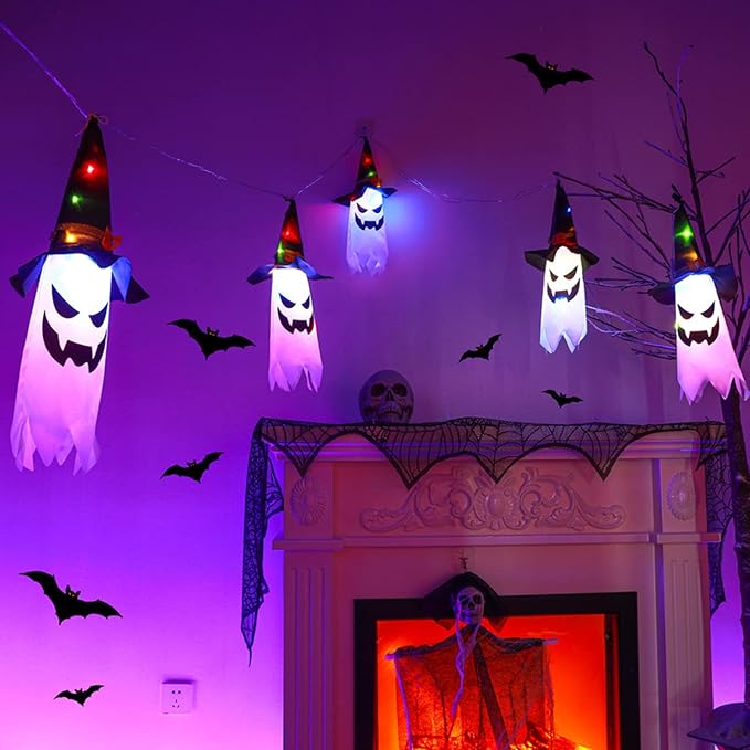 Halloween Decorations, 5-Pack LED Lantern String Lights, Wizard Hat Ghost Hanging Lights, Spooky Atmosphere Halloween Party Decorations for Indoor Porches or Patio Gardens (Ghost) VNP