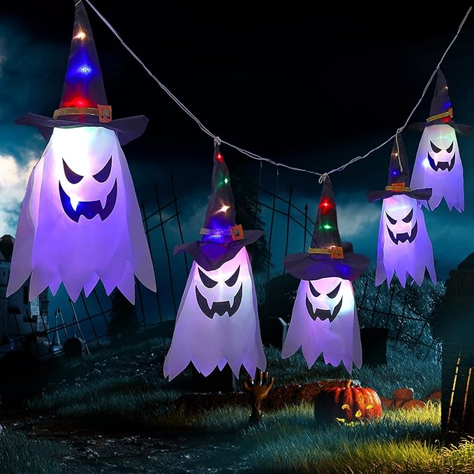Halloween Decorations, 5-Pack LED Lantern String Lights, Wizard Hat Ghost Hanging Lights, Spooky Atmosphere Halloween Party Decorations for Indoor Porches or Patio Gardens (Ghost) VNP