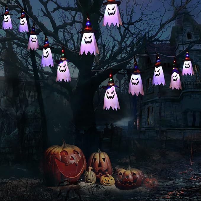 Halloween Decorations, 5-Pack LED Lantern String Lights, Wizard Hat Ghost Hanging Lights, Spooky Atmosphere Halloween Party Decorations for Indoor Porches or Patio Gardens (Ghost) VNP